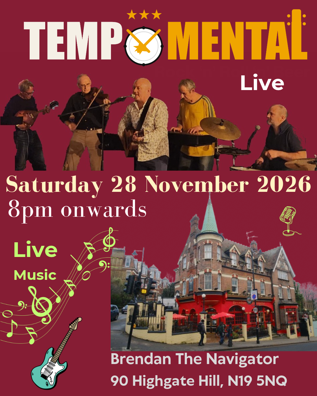 Tempomental flyer for November 2026 gig at Brendan The Navigator
